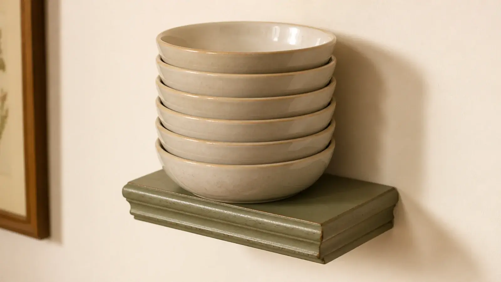 short kitchen shelf cut to fit a single stack of everyday bowls