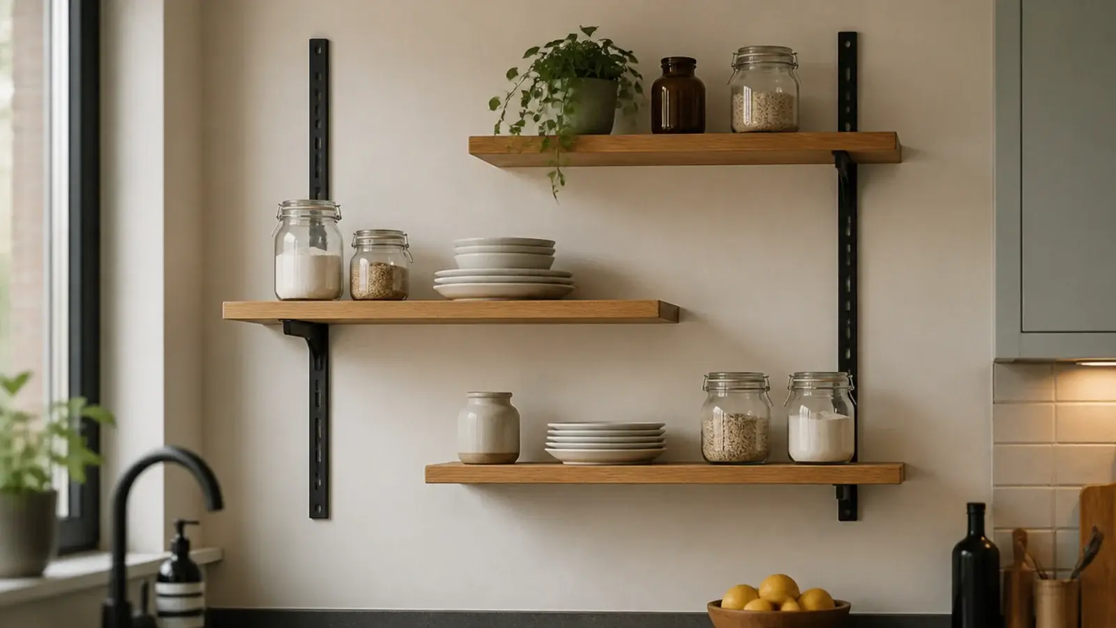 slotted wall track carrying adjustable shelves in a small kitchen