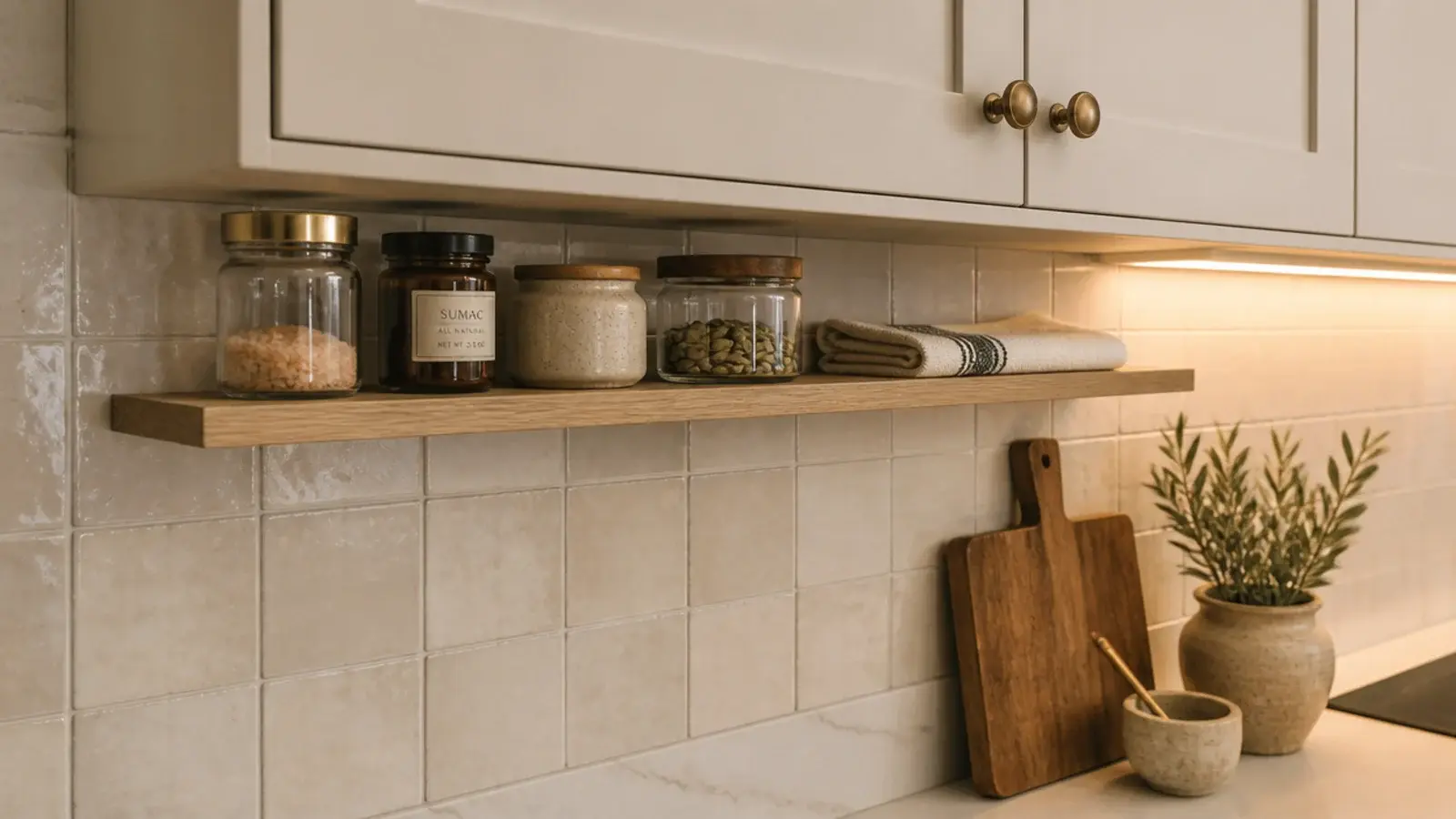 slim shelf fitted beneath upper kitchen cabinets above the backsplash