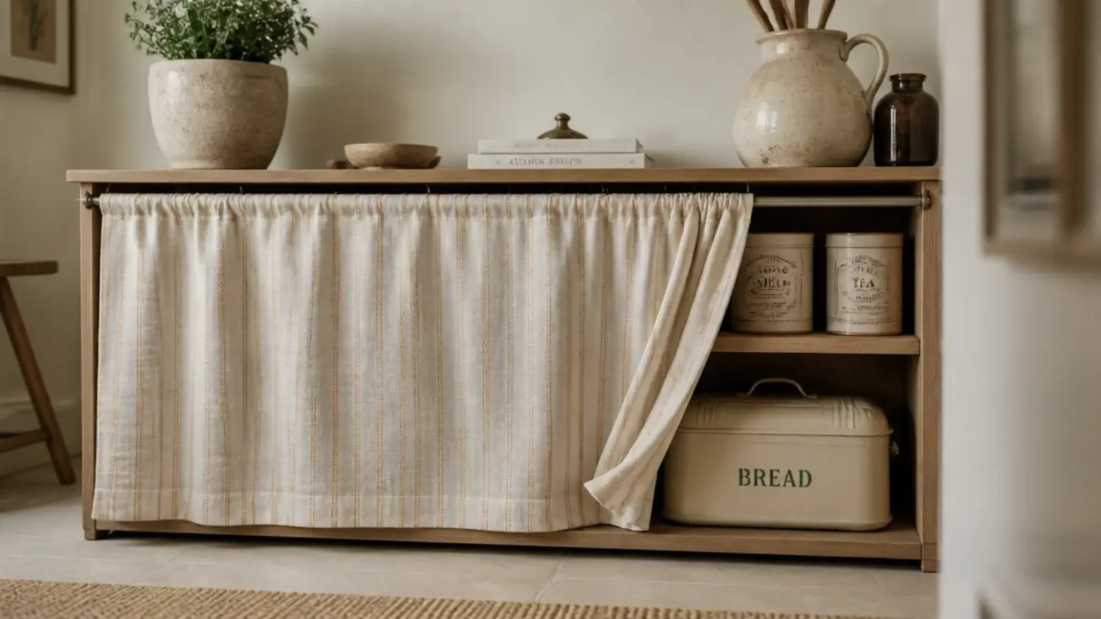 striped linen curtain hung across the front of a low kitchen shelf