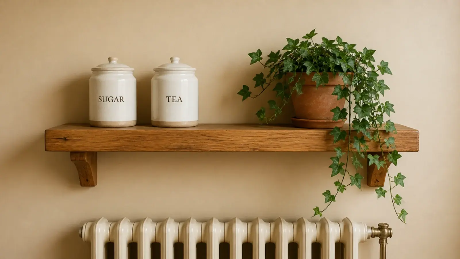 kitchen shelf mounted with clearance above a small wall radiator