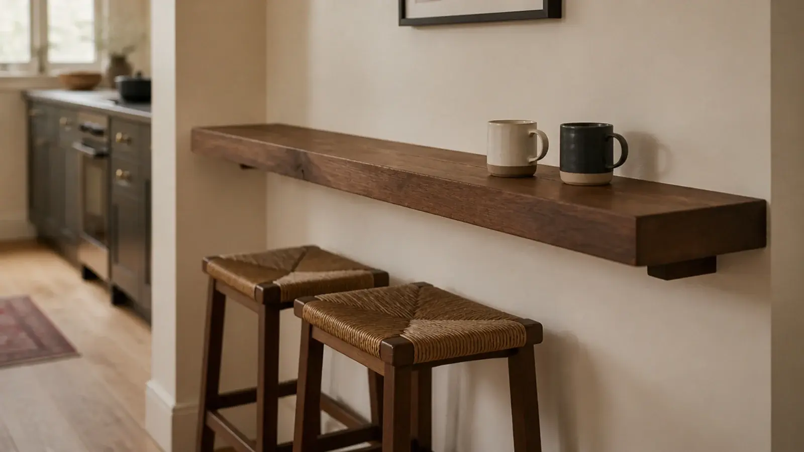 deep kitchen shelf at bar height with two stools tucked underneath