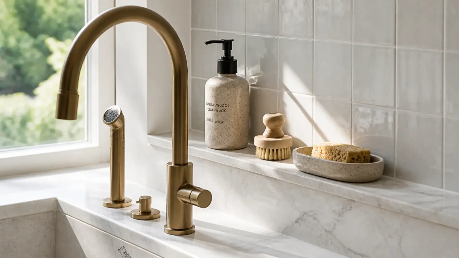 very low shelf running behind a kitchen faucet holding soap and a cloth