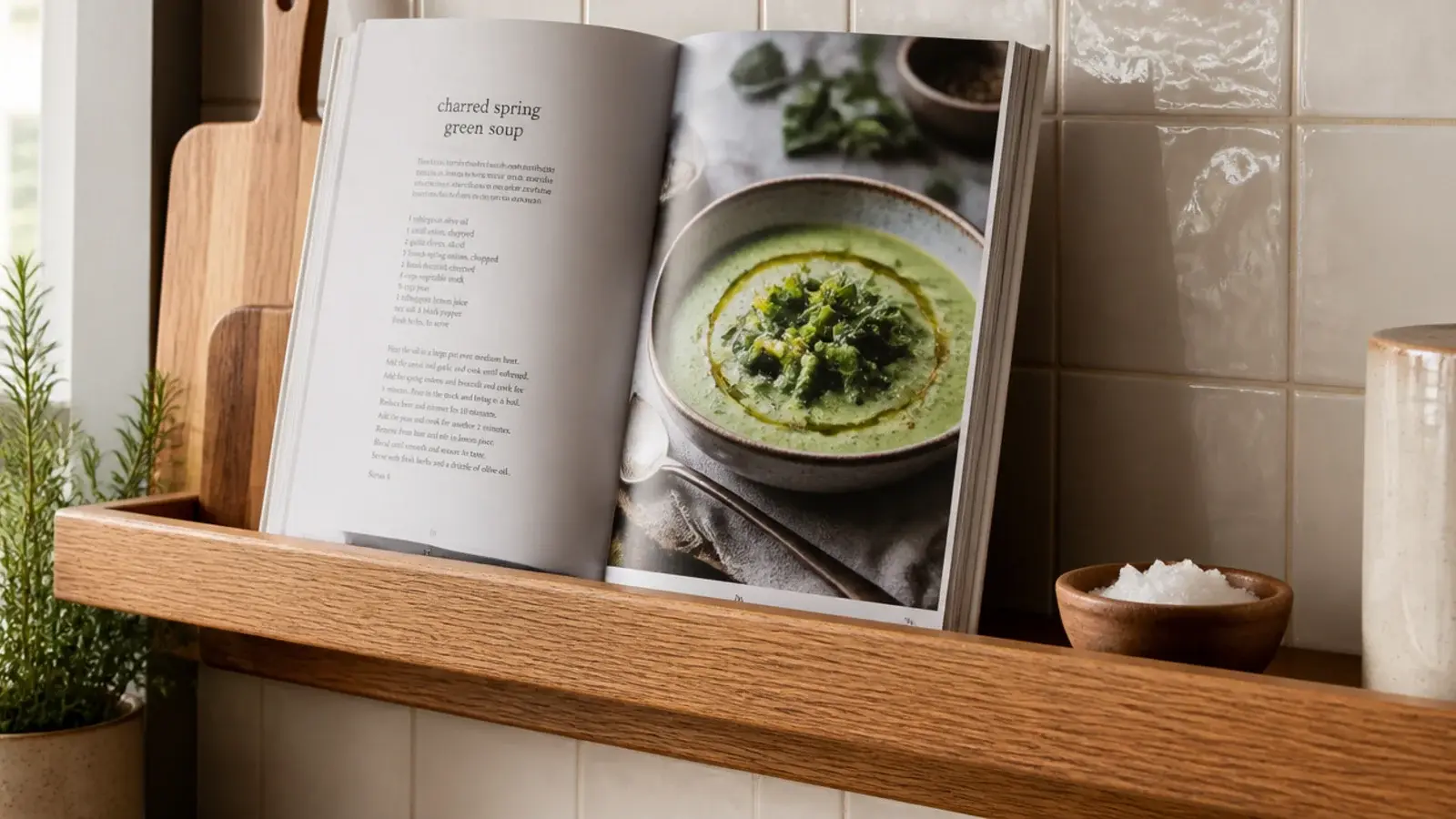 cookbook propped open on a kitchen shelf with a raised front lip