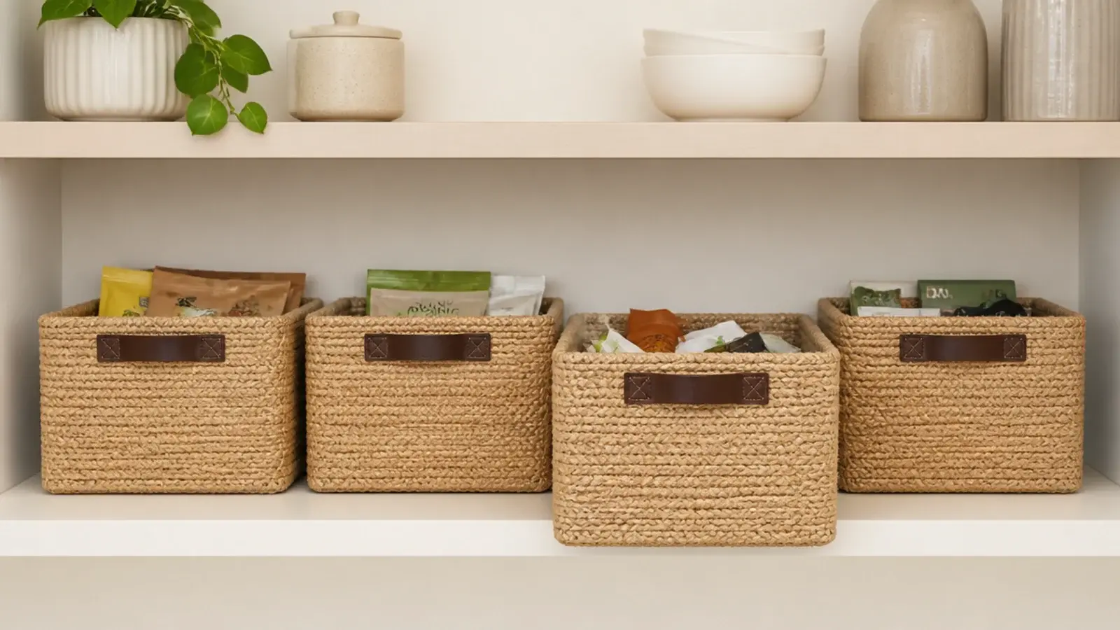row of matching jute baskets lined along an open kitchen shelf