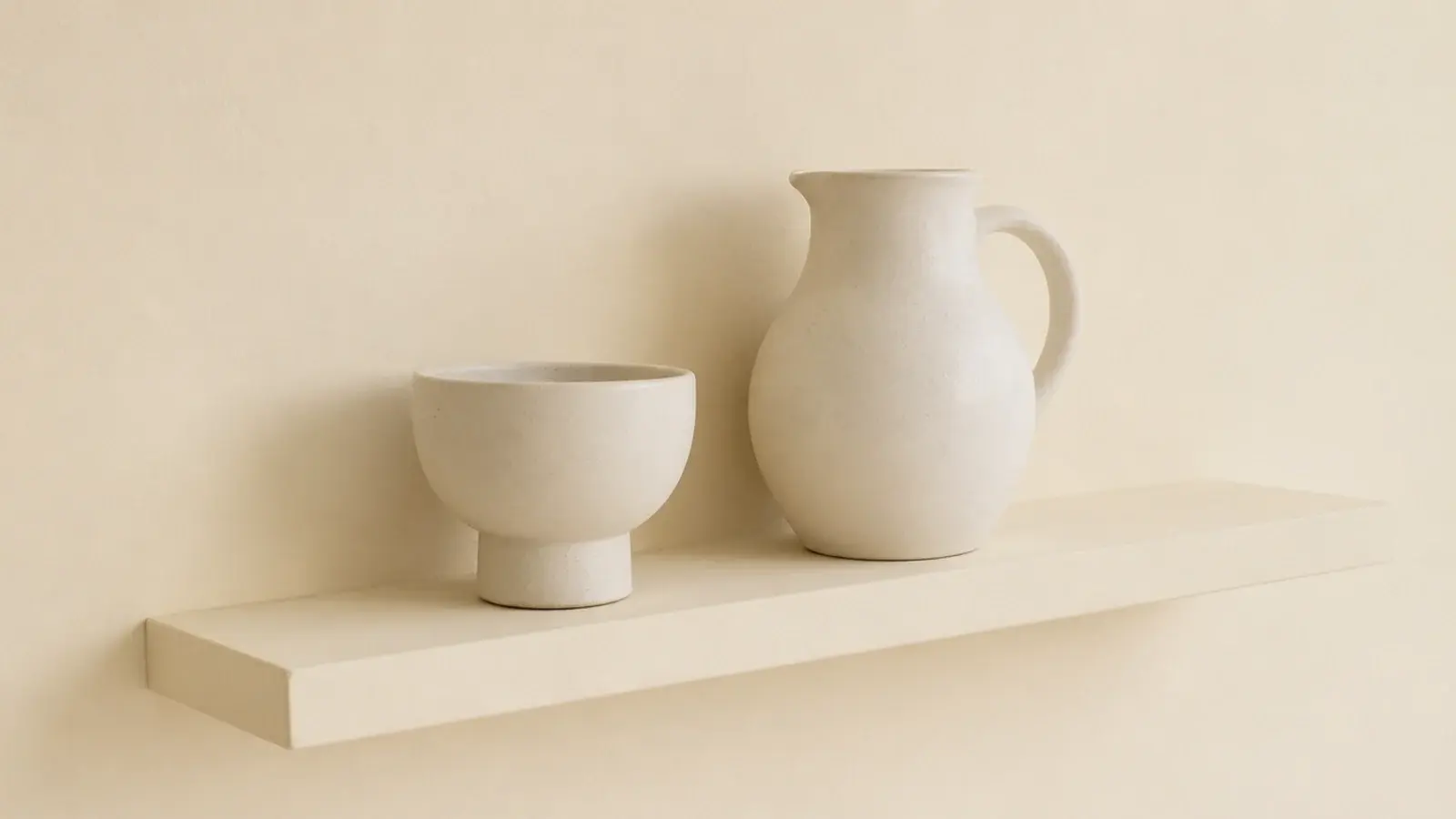 kitchen shelf painted the exact wall color so it visually recedes