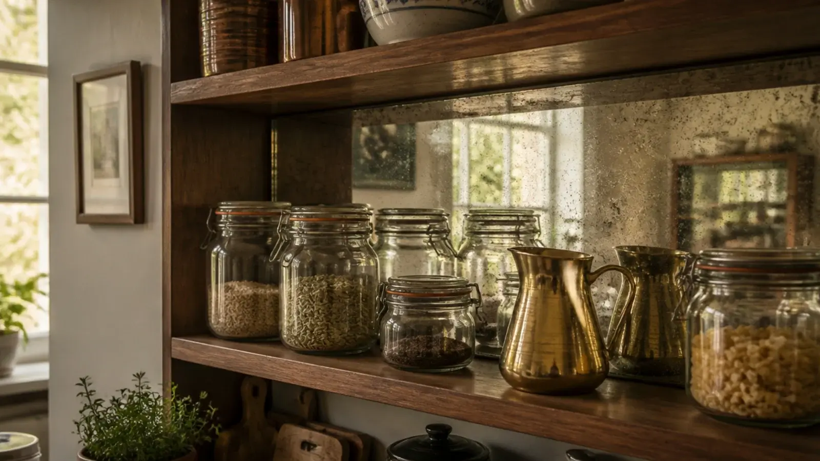 antique mirror panel behind an open kitchen shelf doubling the light