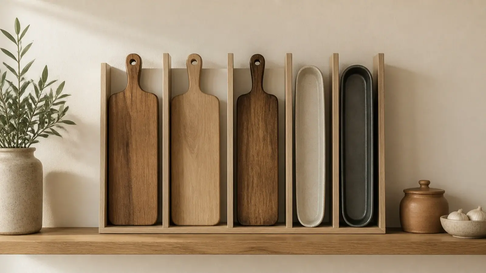 upright dividers on a kitchen shelf holding boards and trays on edge