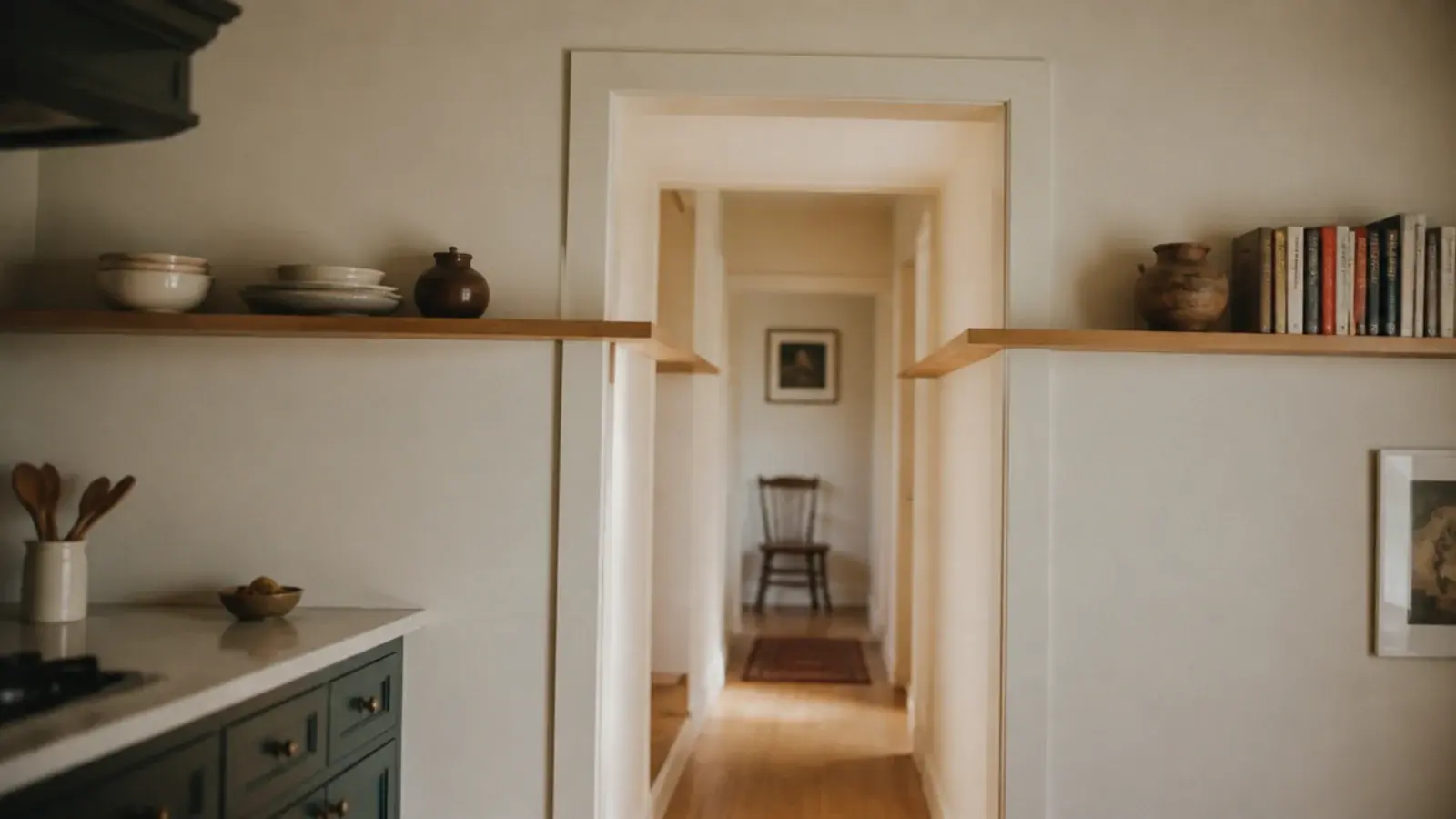 kitchen shelf line carrying through the doorway into an adjoining hall