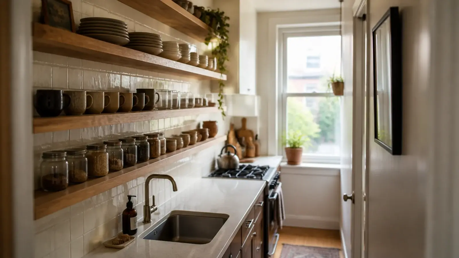 kitchen shelves for small spaces stacked above a narrow galley counter run