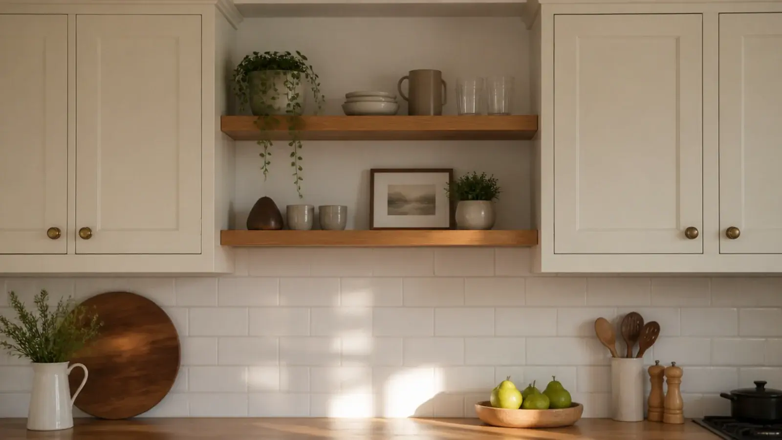 single kitchen cabinet removed and replaced with two open oak shelves