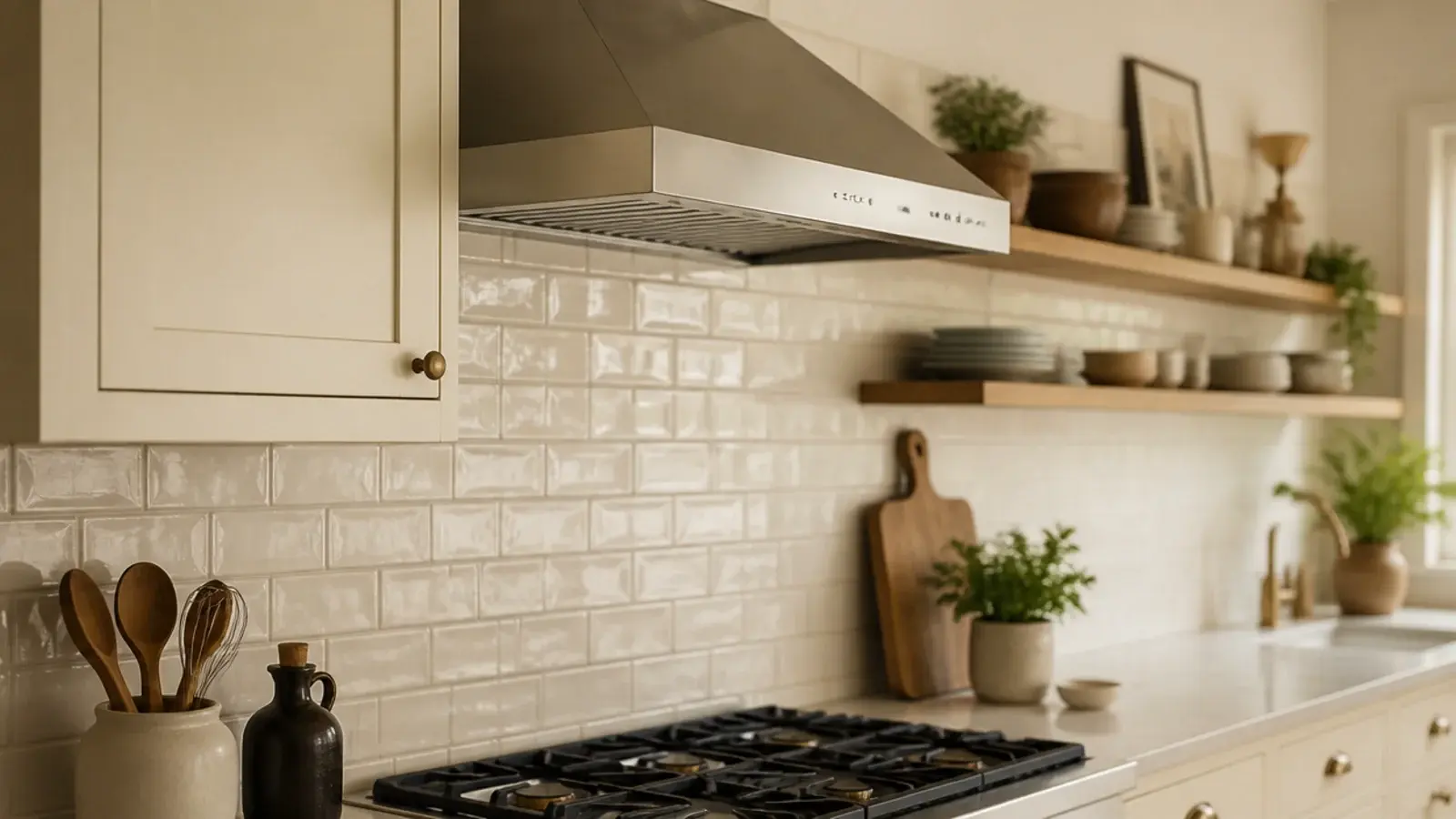 closed kitchen cabinet beside a range with open shelves further along