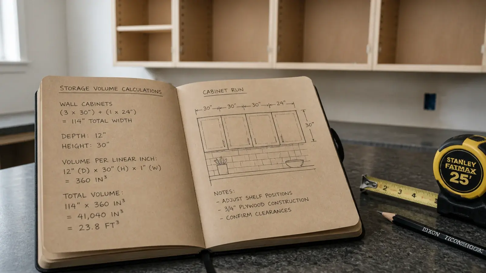 notebook of storage calculations beside an emptied kitchen wall cabinet