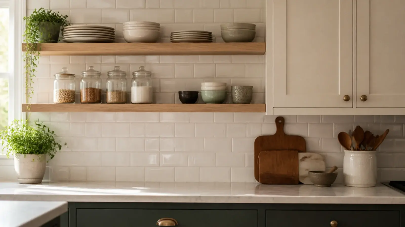 open kitchen shelves aligned with the tops of the remaining wall cabinets