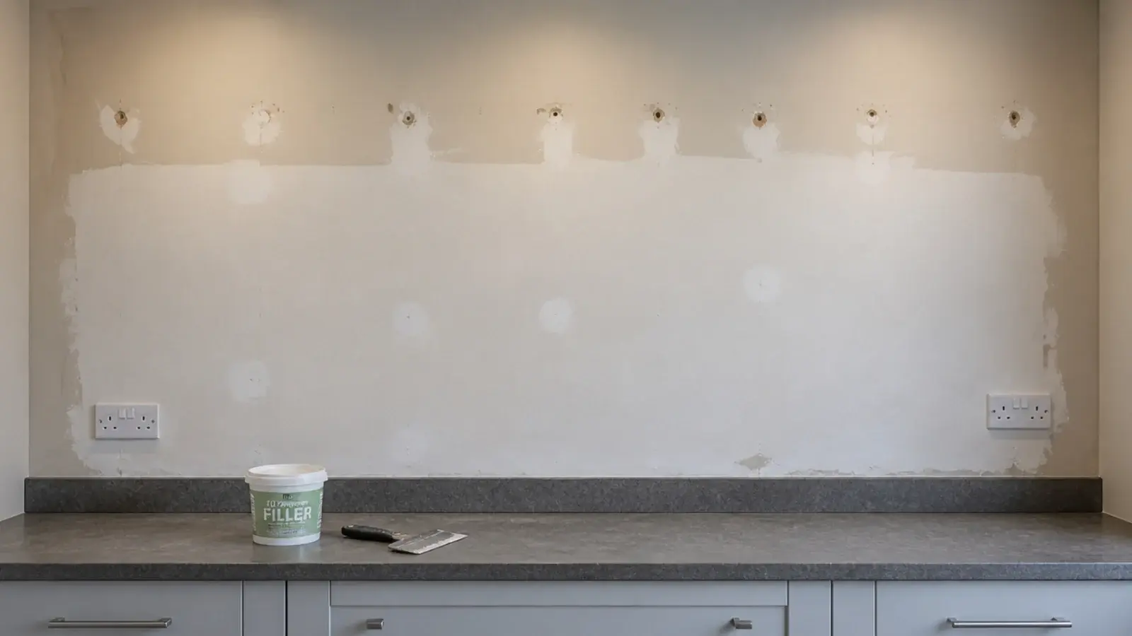bare patched kitchen wall being skimmed where cabinets were removed