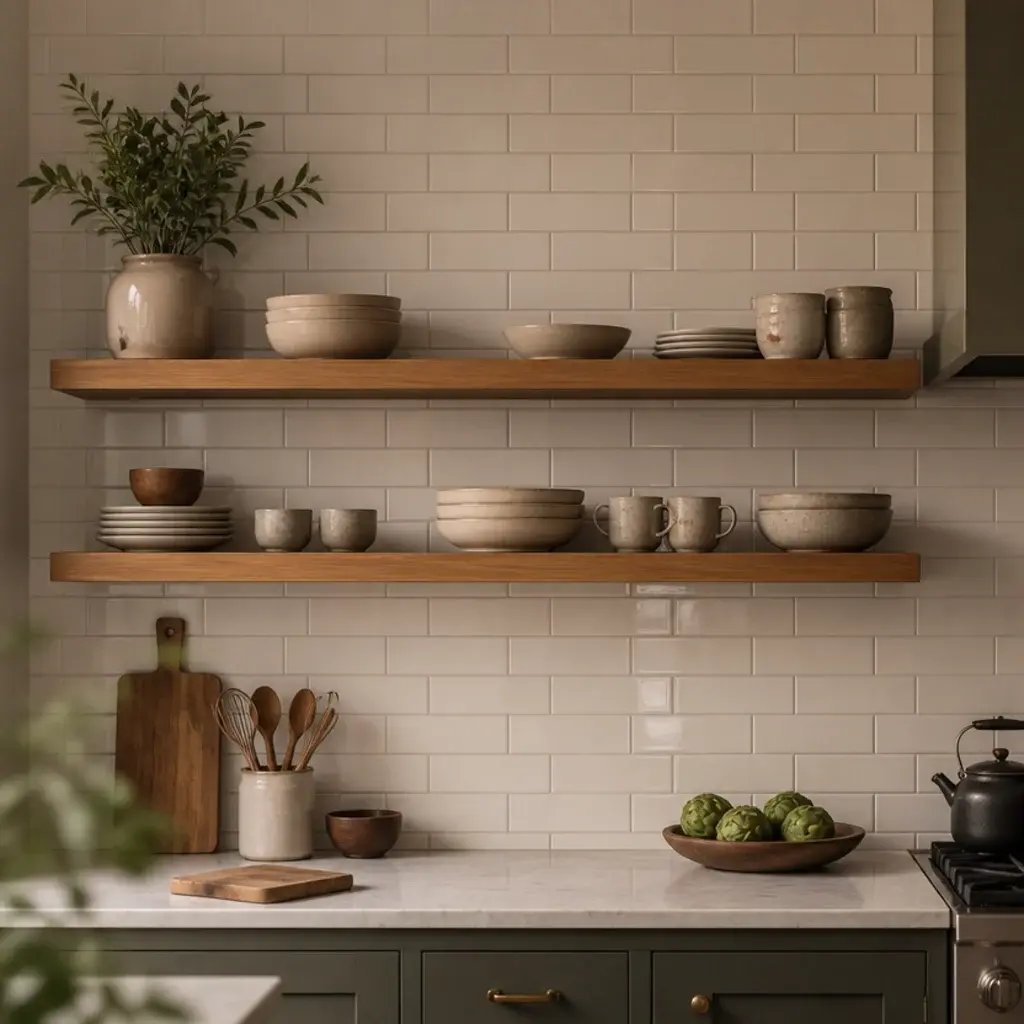 kitchen tile taken up to the ceiling behind newly fitted open shelves