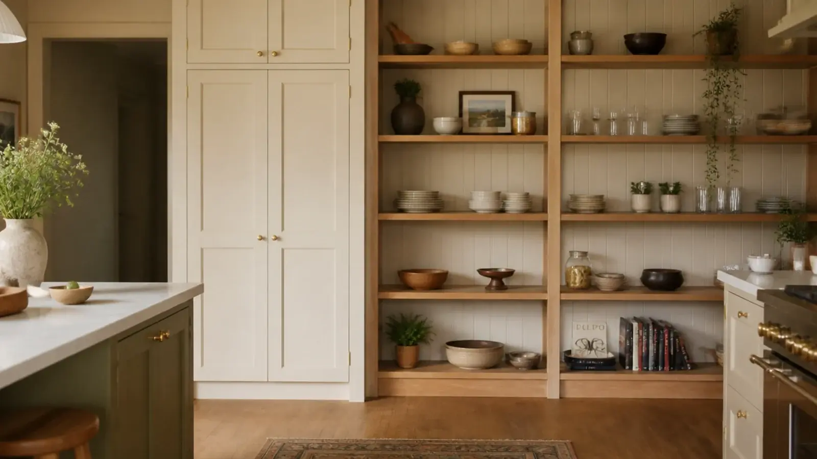 tall kitchen pantry cupboard beside a wall of open shelving