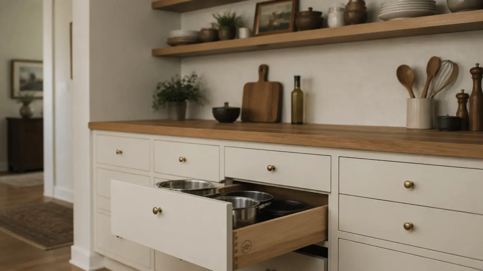 deep kitchen drawers below open shelves replacing former wall cabinets