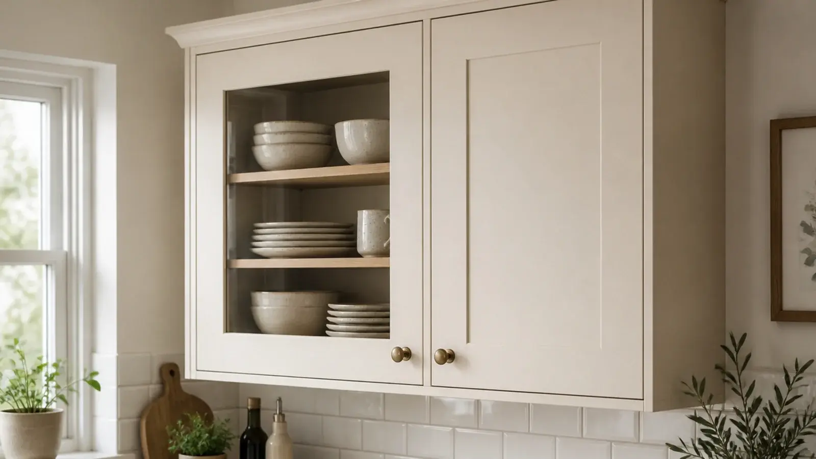 kitchen cabinet fitted with a glass door showing dishes inside