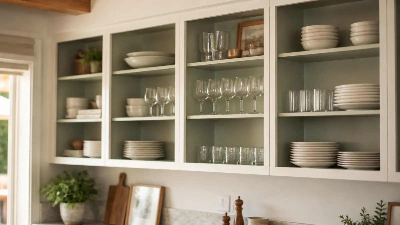 kitchen wall cabinets with doors removed and interiors painted sage