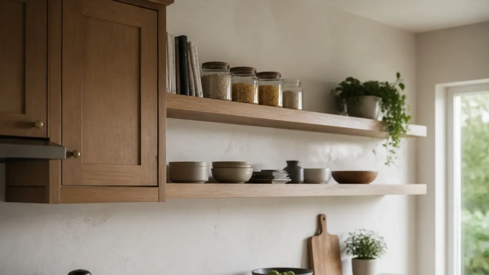 open kitchen shelves extending beyond where the cabinet run stopped