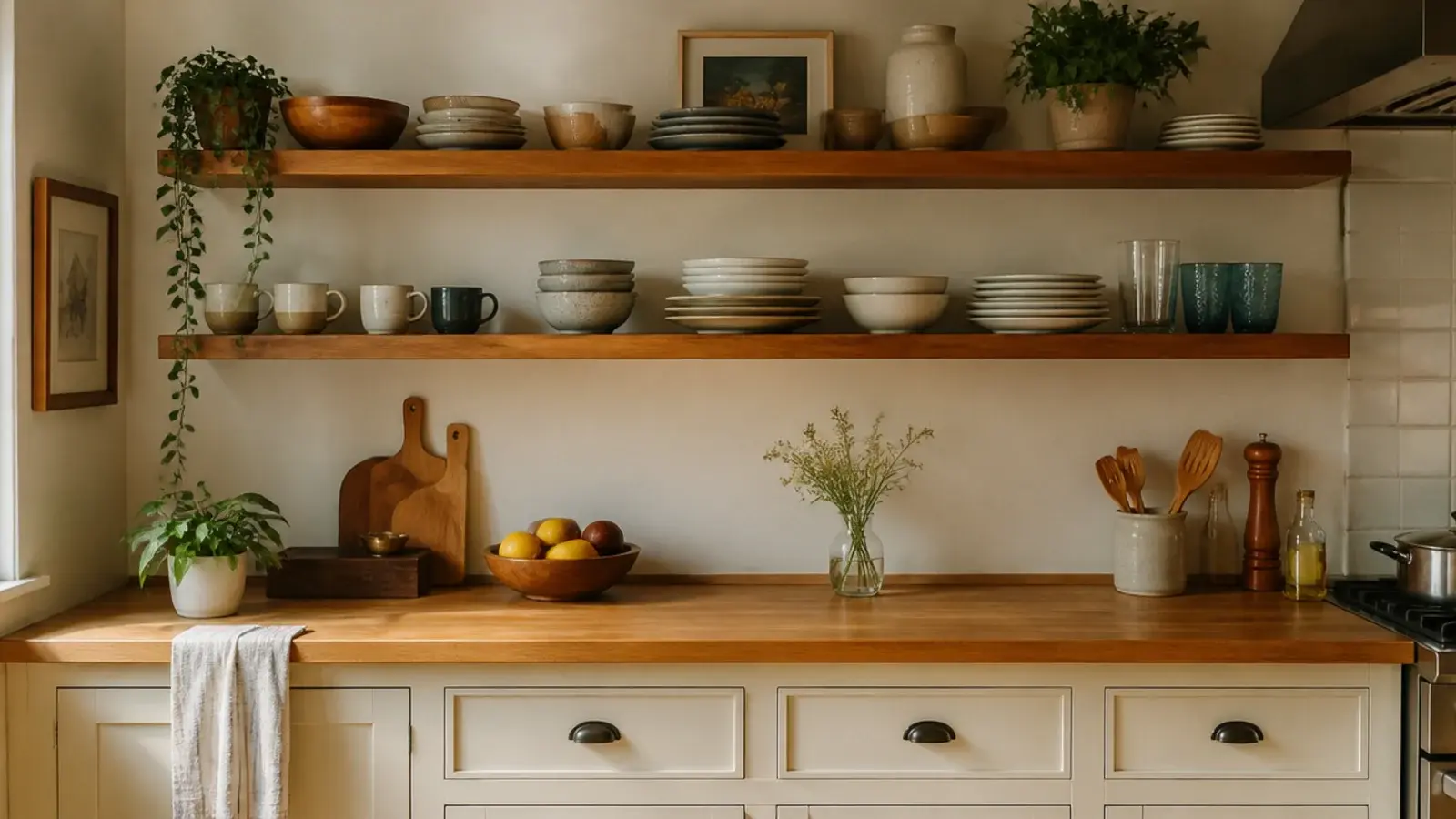 everyday plates on open kitchen shelves with base cabinets closed below