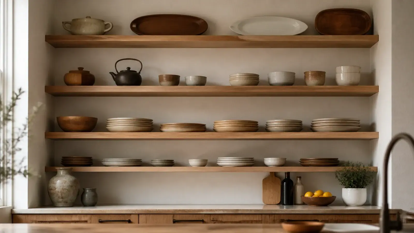 kitchen shelves running from counter height to the ceiling on one wall