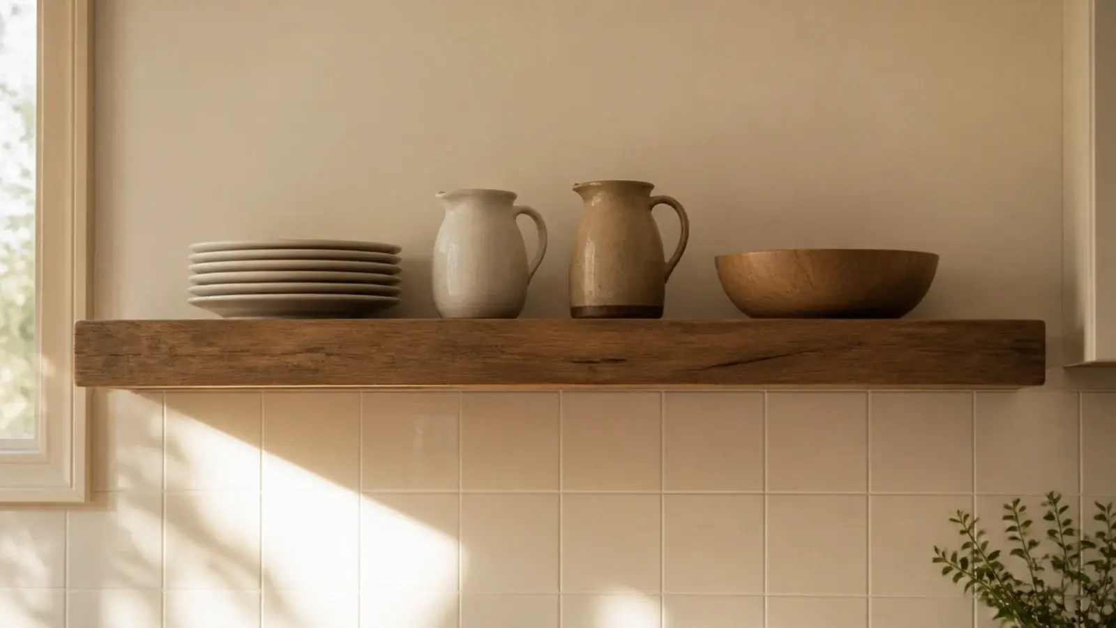 single deep open shelf occupying the space a kitchen cabinet used to fill