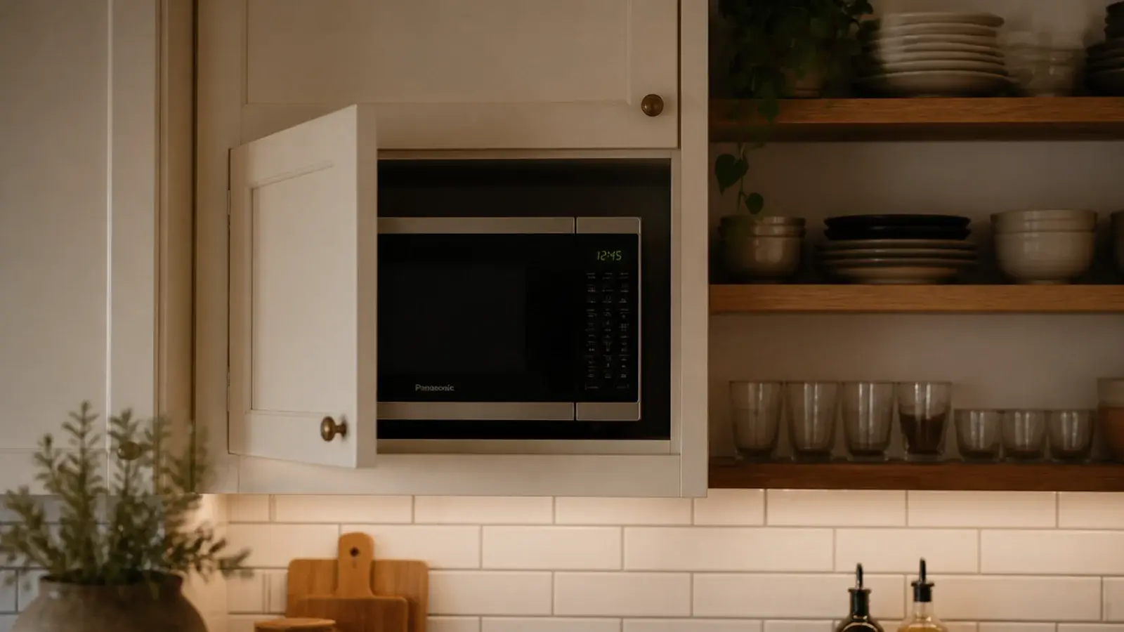 microwave hidden inside a closed kitchen cabinet beside open shelves