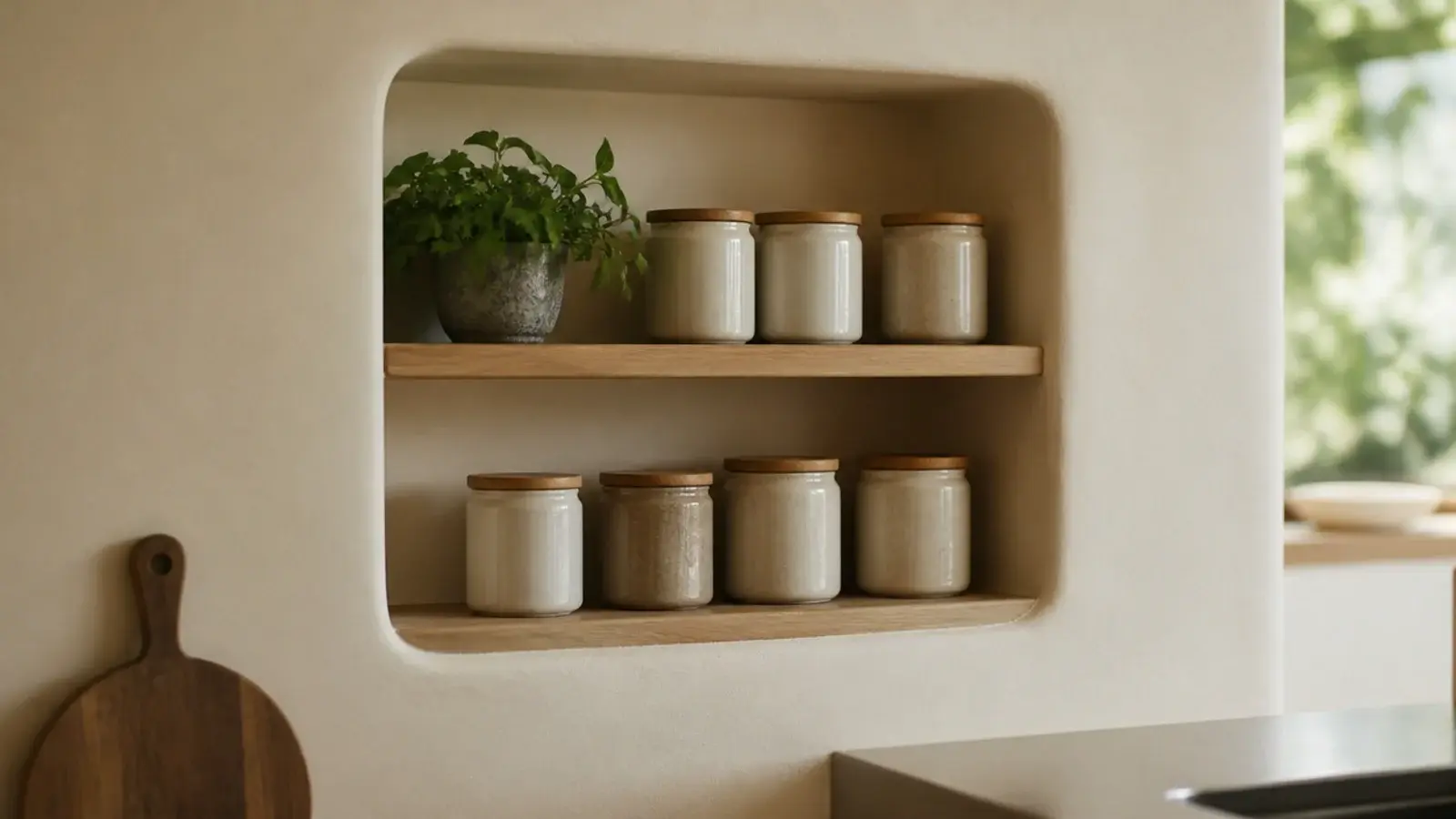 recessed plaster niche with shelves where a kitchen cabinet was removed