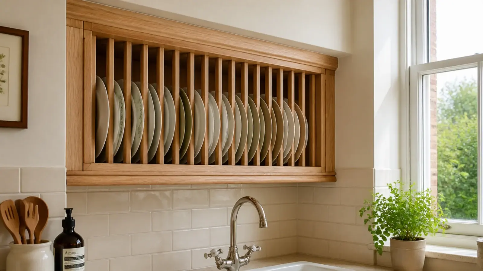wooden plate rack fitted into a kitchen wall in place of a cabinet