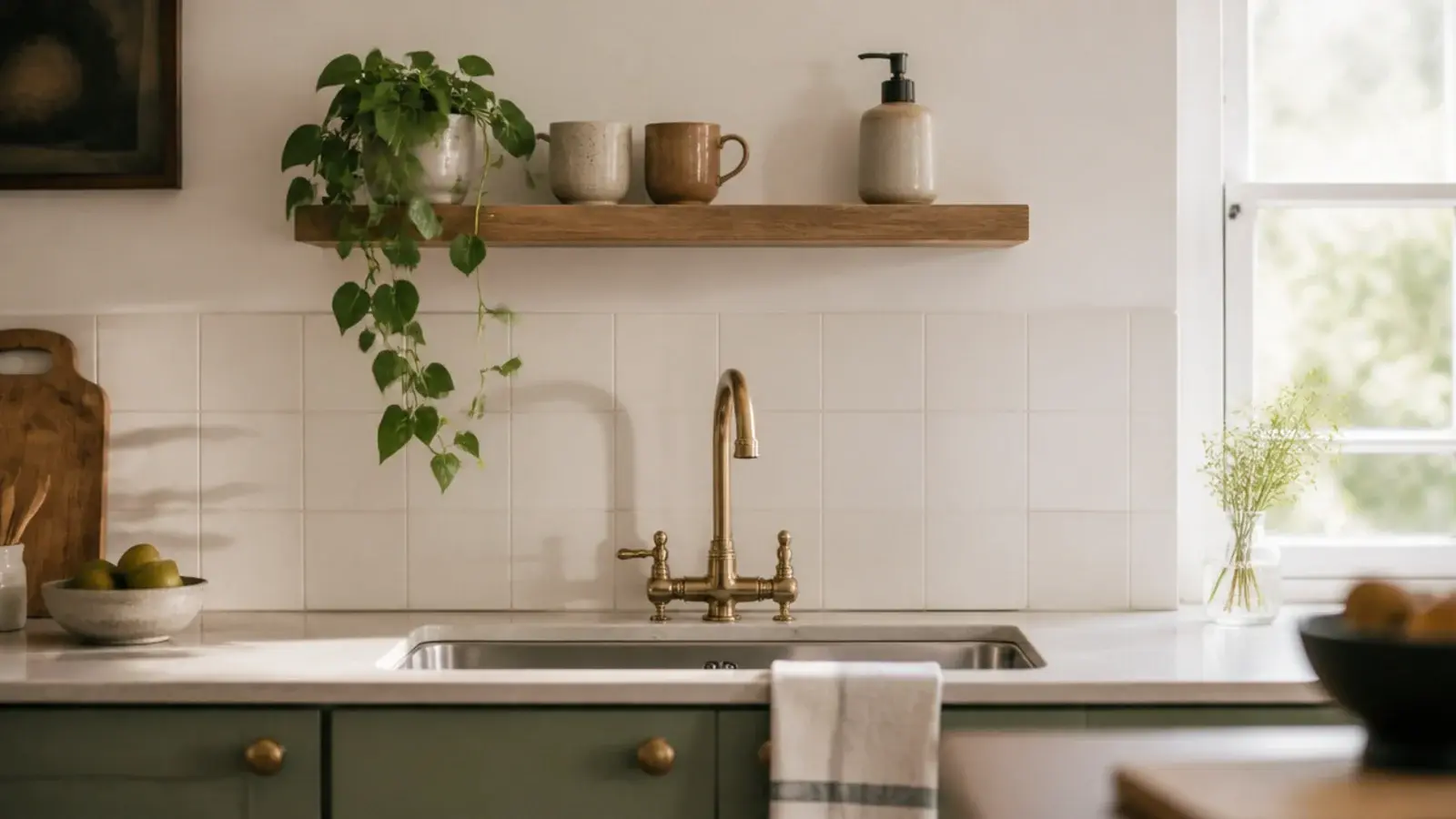 open shelf above a kitchen sink where a wall cabinet was removed