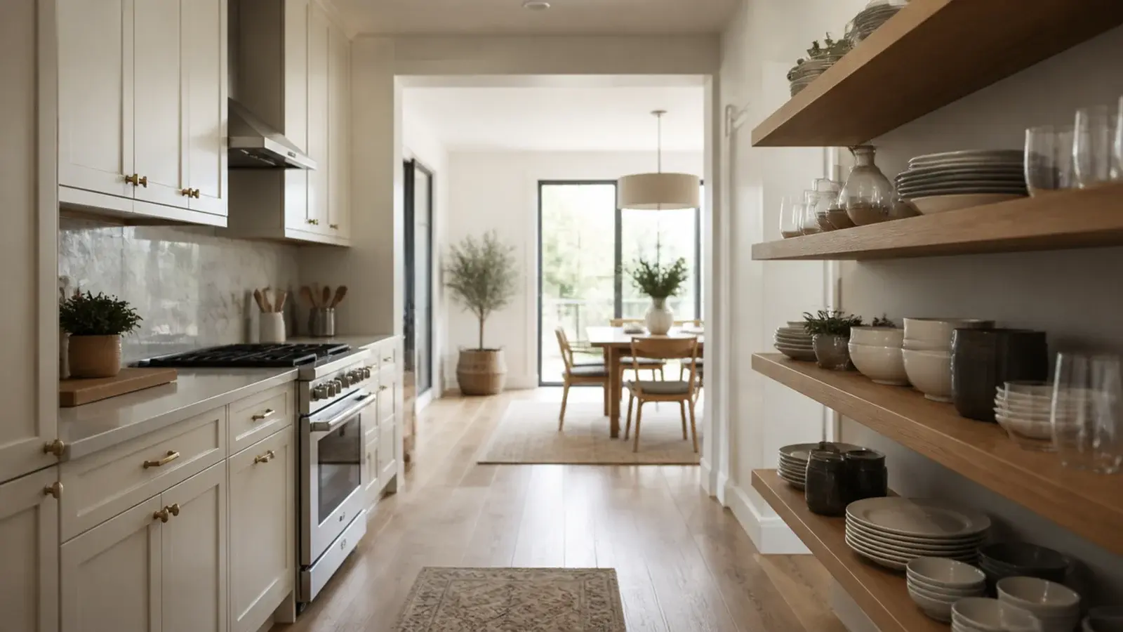 kitchen with closed cabinets on the range wall and open shelves opposite