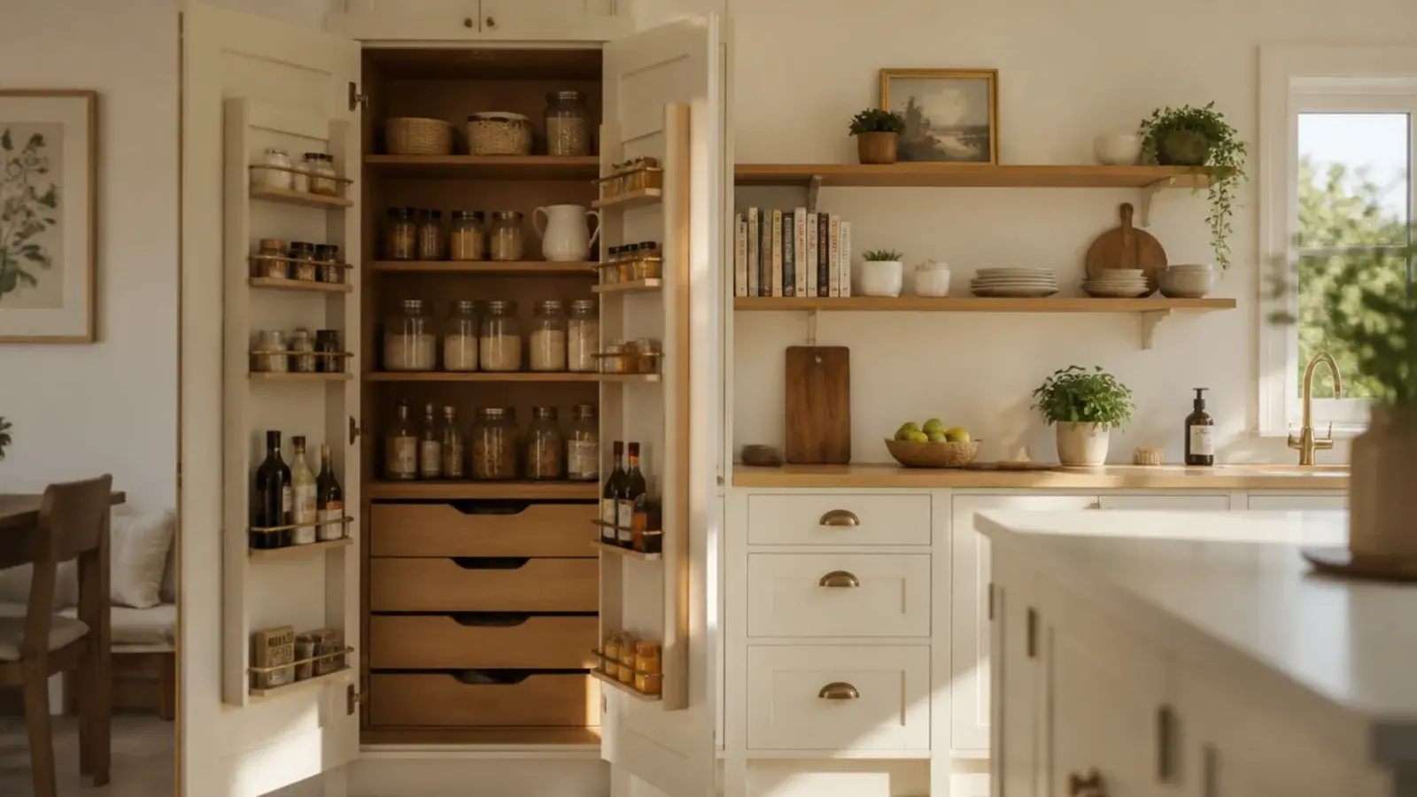 built in larder cupboard with open kitchen shelves running beside it