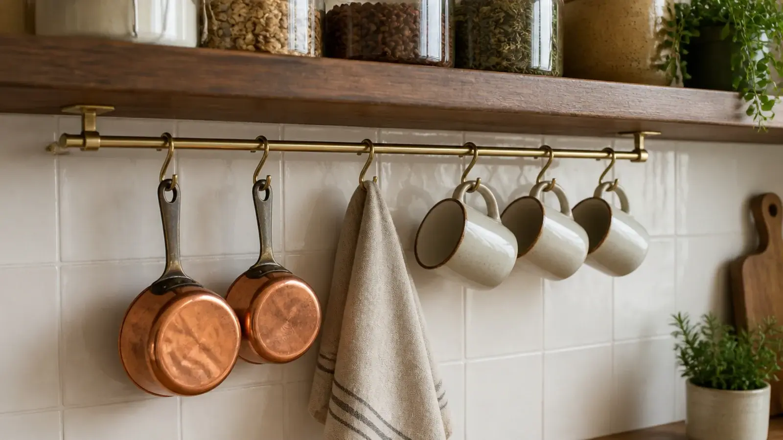 brass rail under a kitchen shelf holding cups cloths and small pans