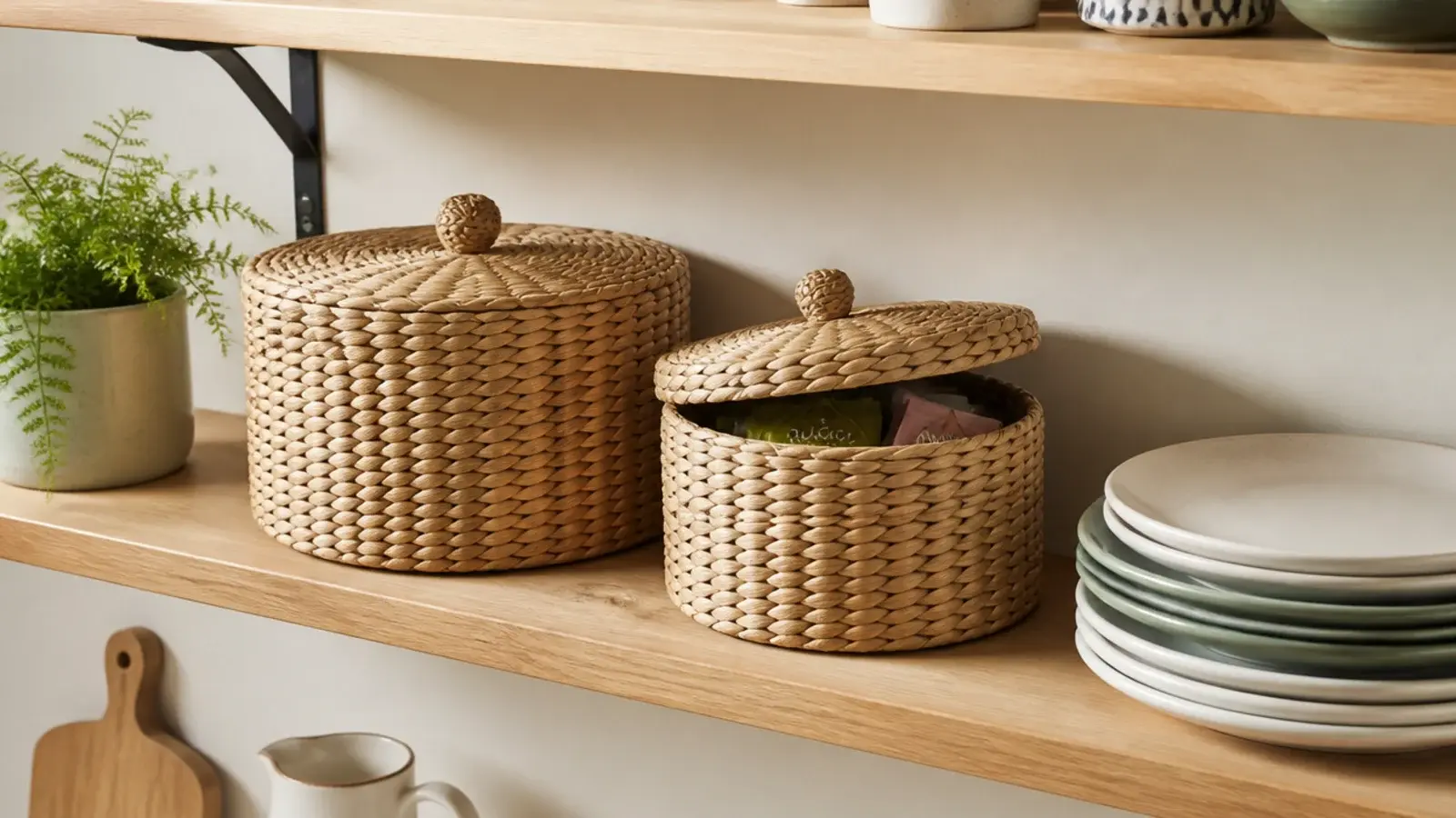 lidded baskets on open kitchen shelves replacing closed cabinet storage