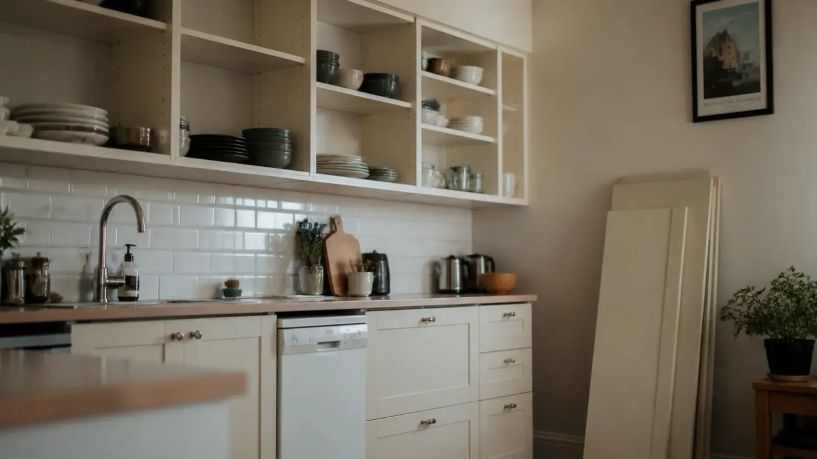 kitchen cabinets with doors temporarily removed as an open shelving trial