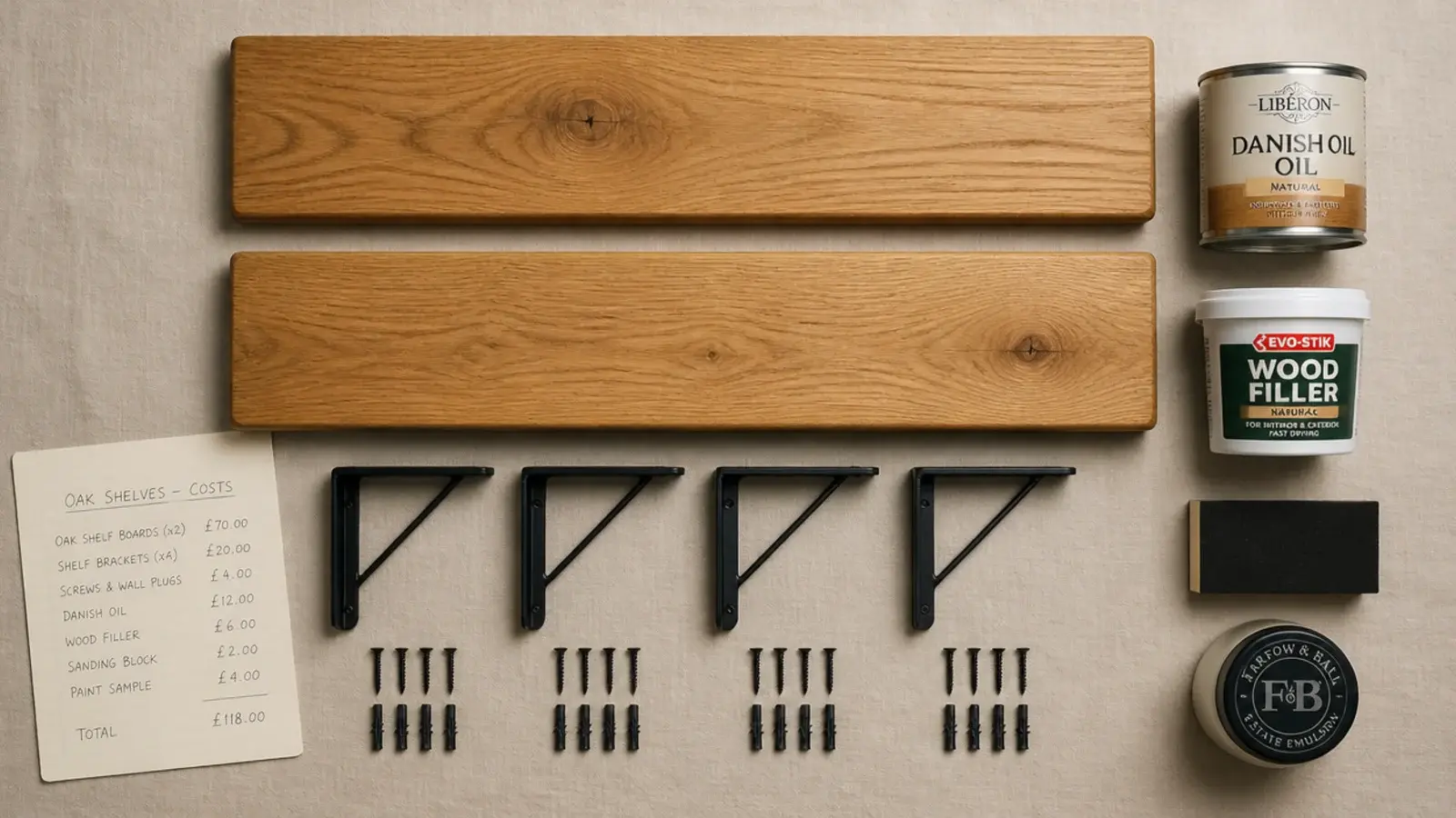 oak shelf boards and brackets priced out beside kitchen cabinet doors