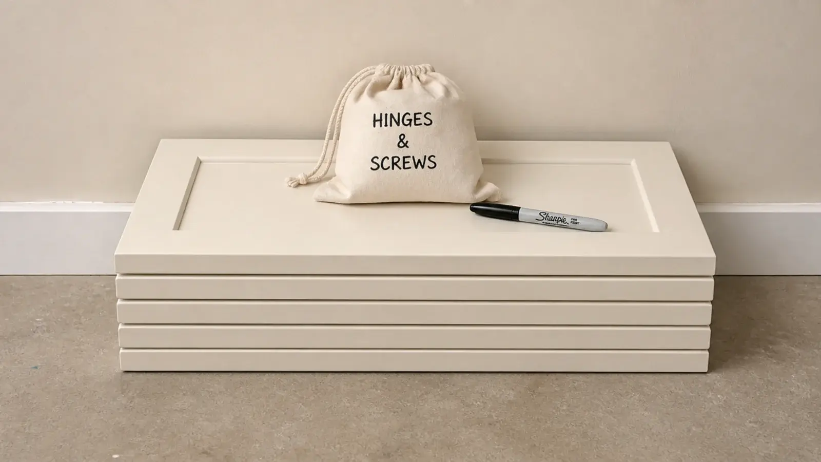 labelled bag of cabinet doors hinges and screws stored for reversal
