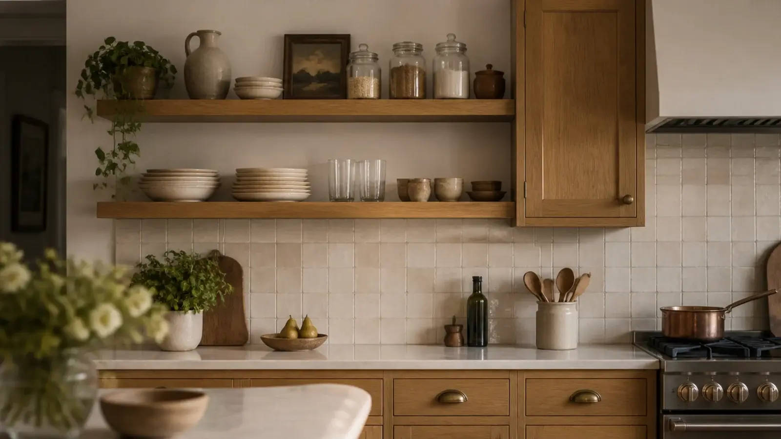 open kitchen shelves instead of cabinets holding stoneware plates and glass jars