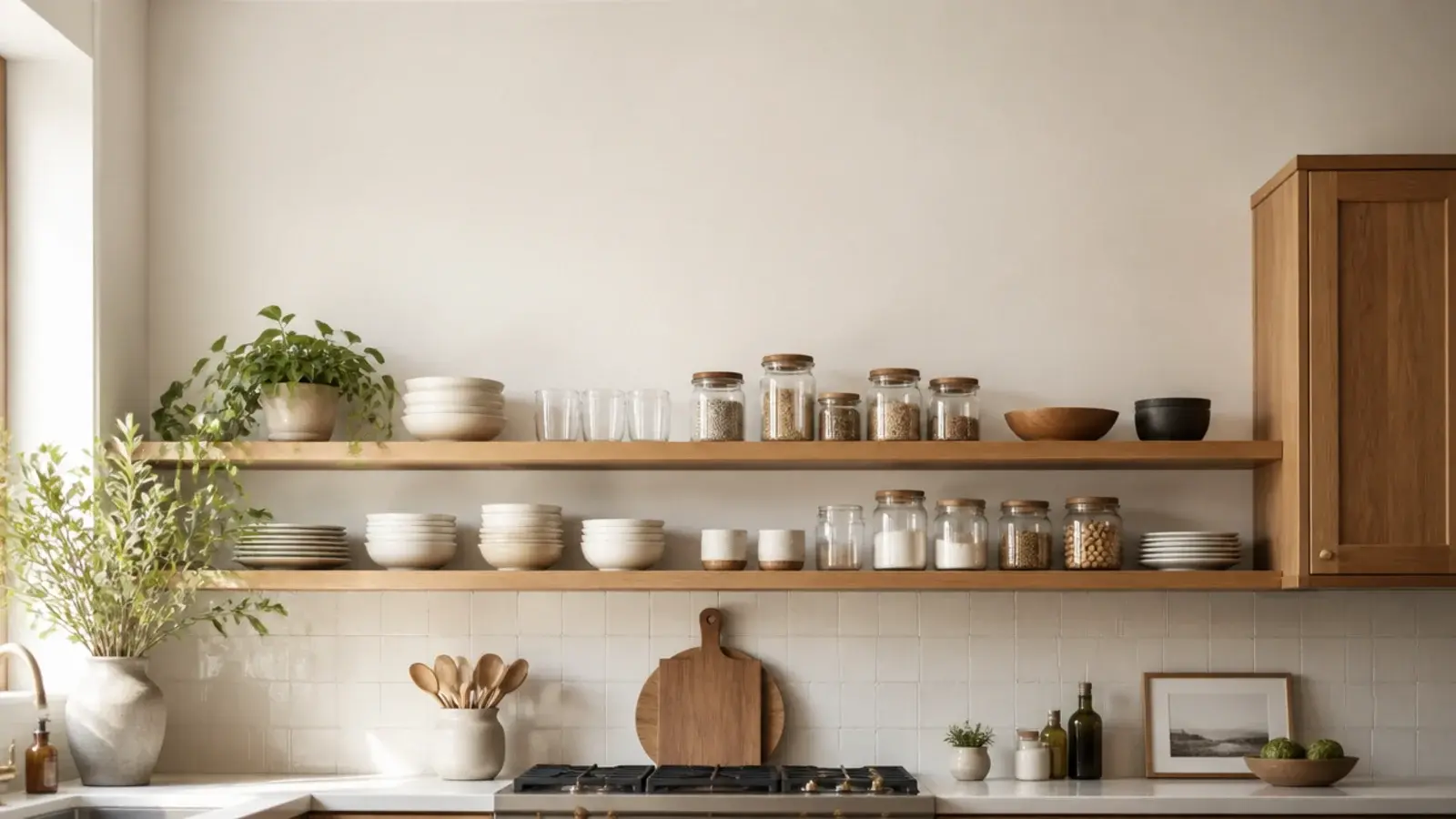 vertical kitchen wall with open shelves replacing cabinets holding stoneware
