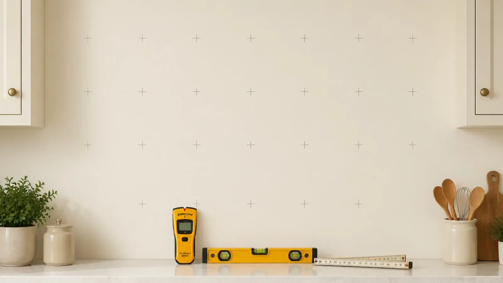 stud positions marked in pencil along a kitchen wall before shelf mounting