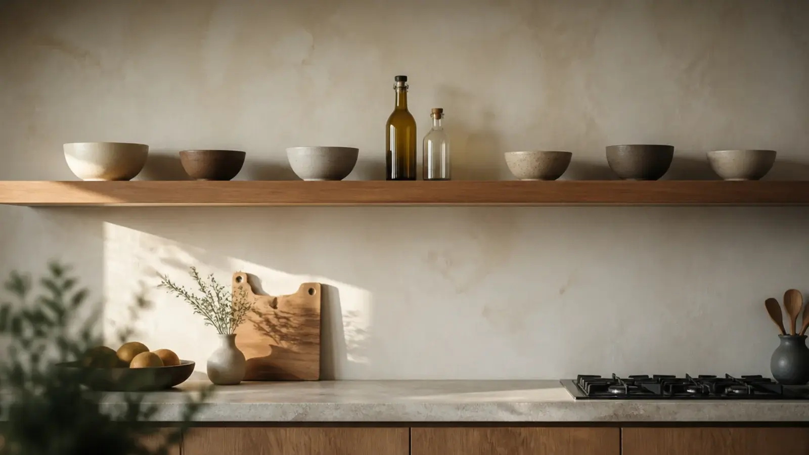 single unbroken oak shelf spanning an entire kitchen wall above cabinets