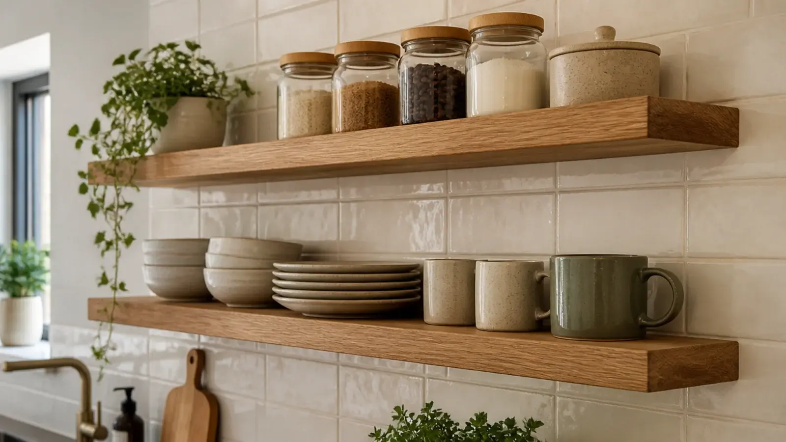 two tier kitchen wall shelves stacked above a backsplash with daily dishes