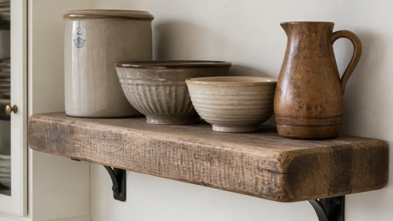 chunky reclaimed scaffold board shelf mounted on a rustic kitchen wall