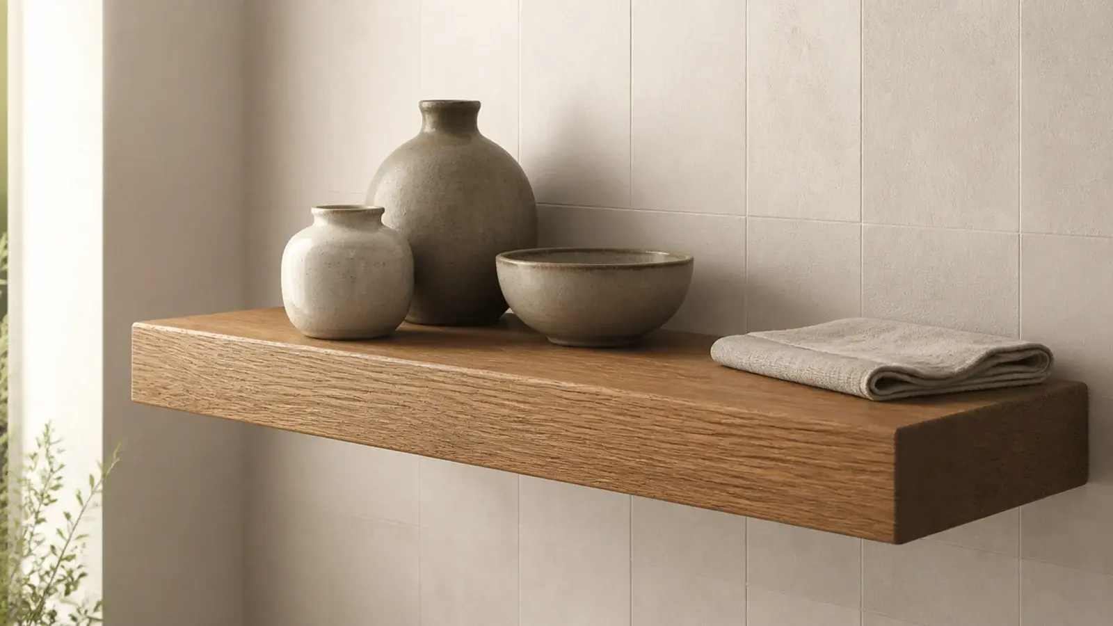 floating kitchen wall shelf with no visible brackets holding stoneware