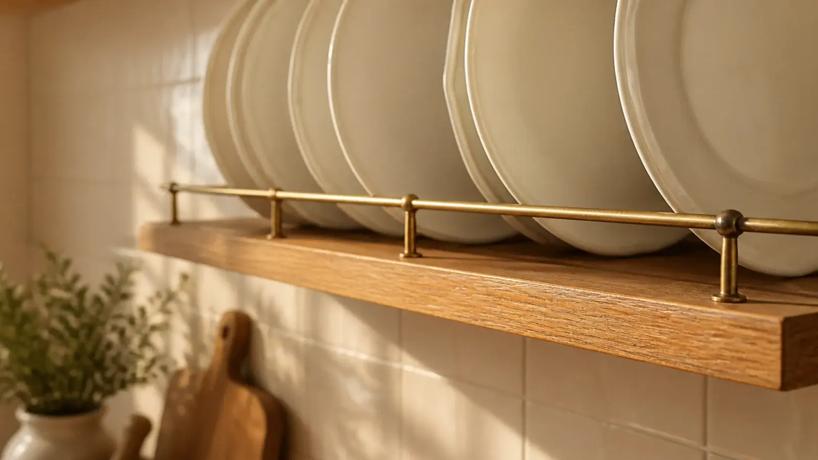slim brass gallery rail running along the front of a kitchen shelf