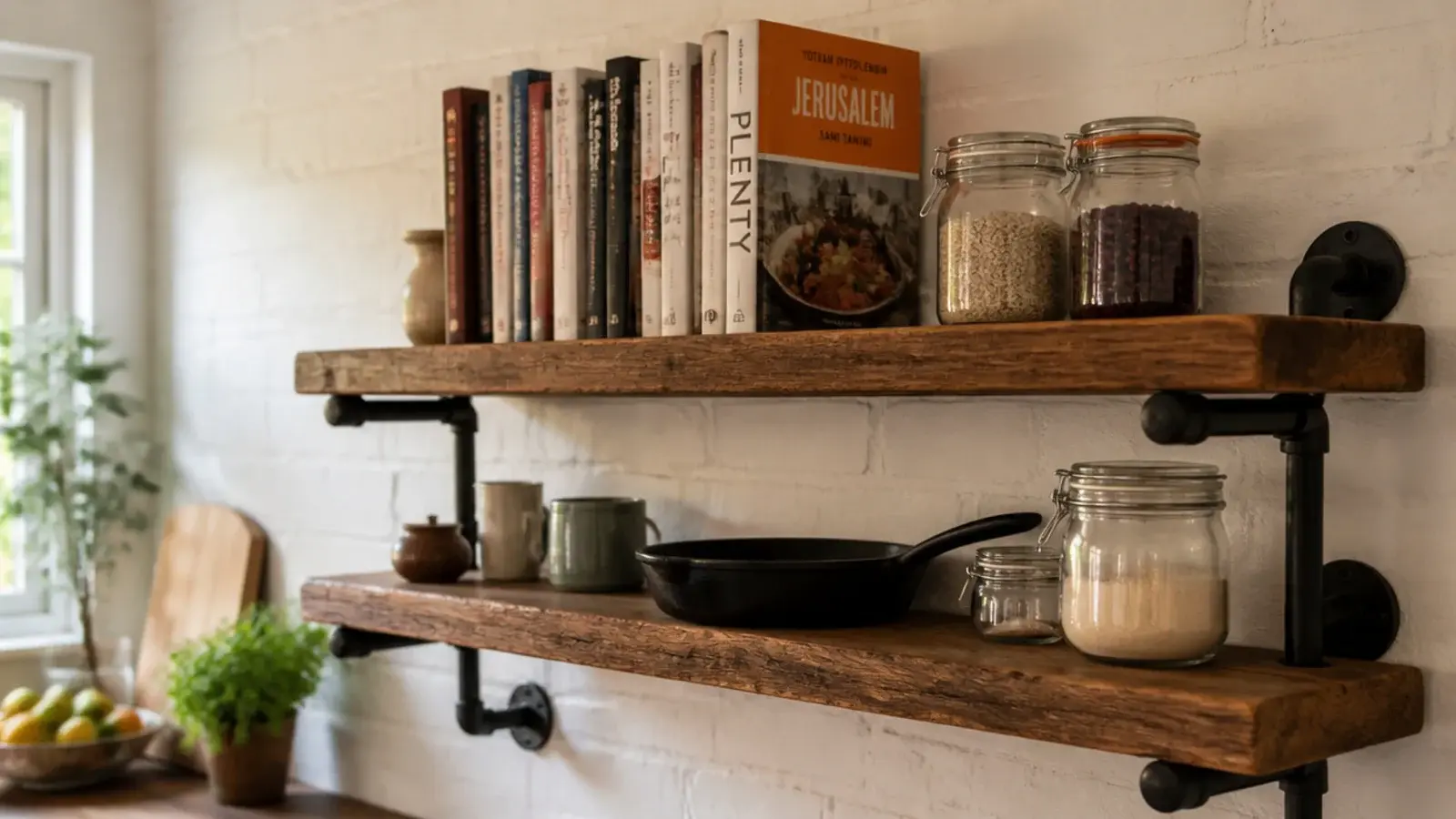 black pipe fittings supporting timber kitchen wall shelves in a loft kitchen