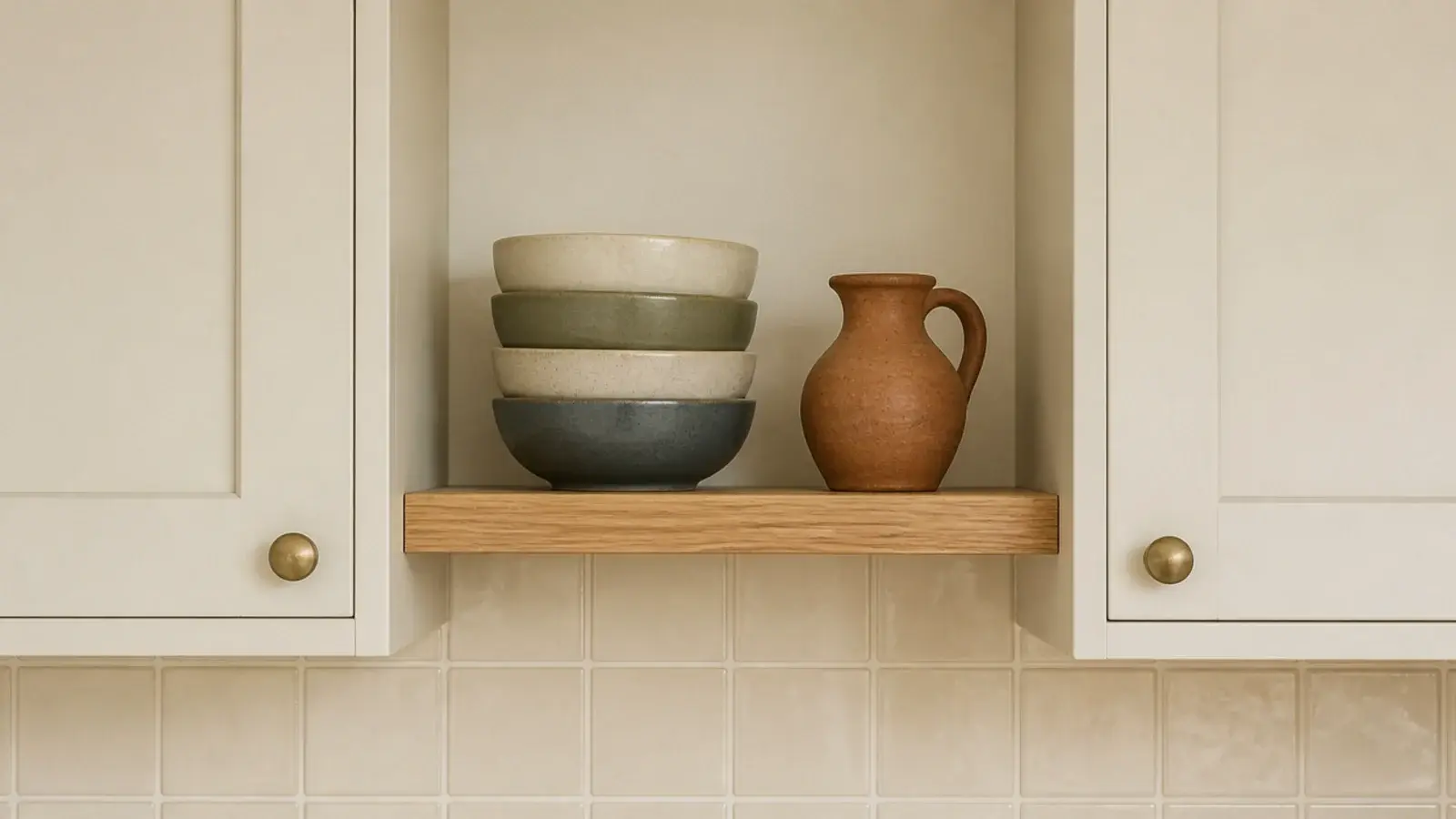 short kitchen shelf bridging the gap between two upper wall cabinets