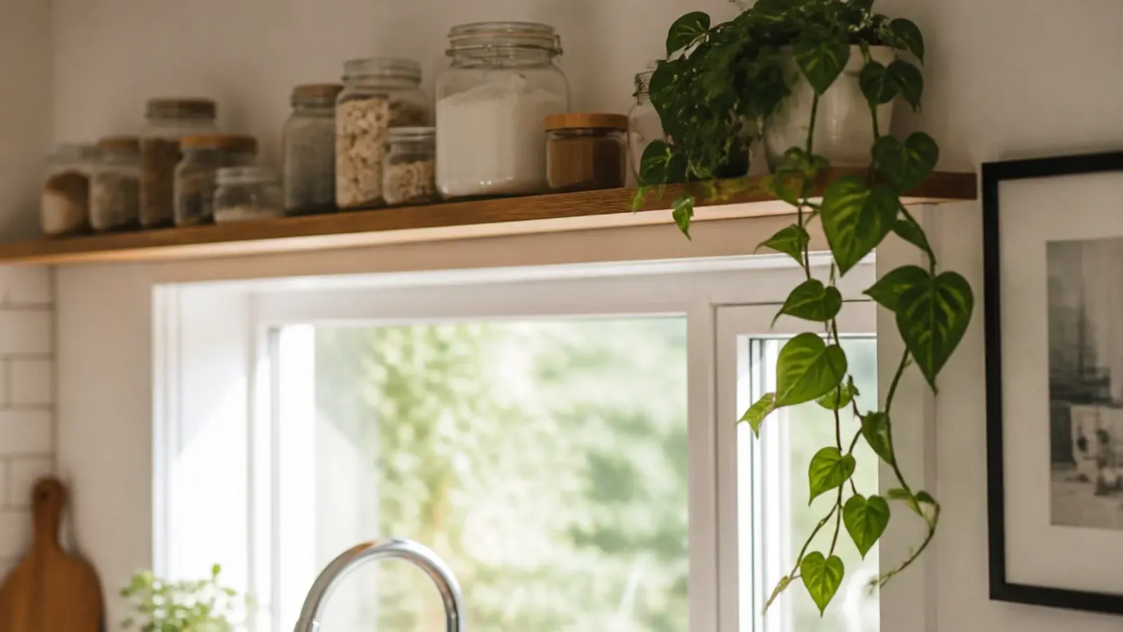 narrow shelf running above a kitchen window holding jars and greenery